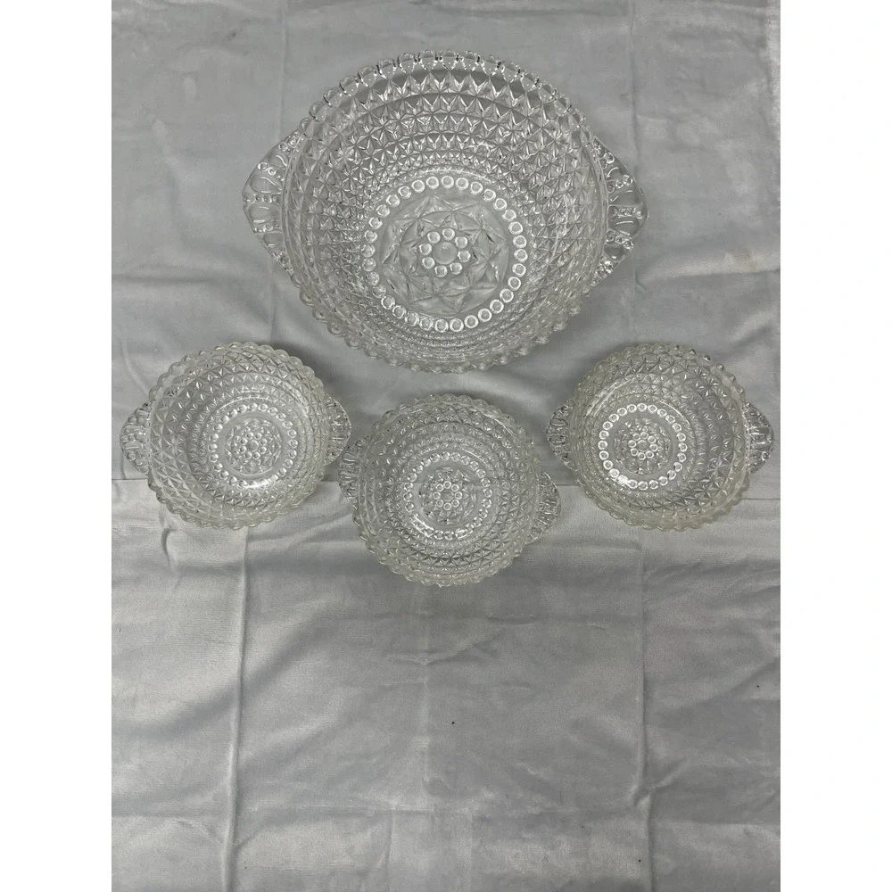 Imperial Glass Cape Cod Clear Diamond Point Handled Serving Bowl & 3 Berry Bowls